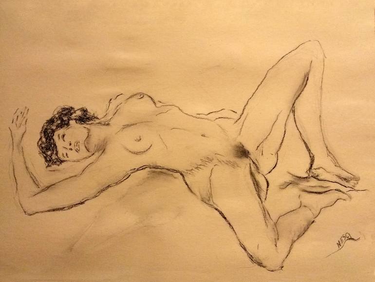 Young adult making money modeling from home - reclining figure study for art school reference